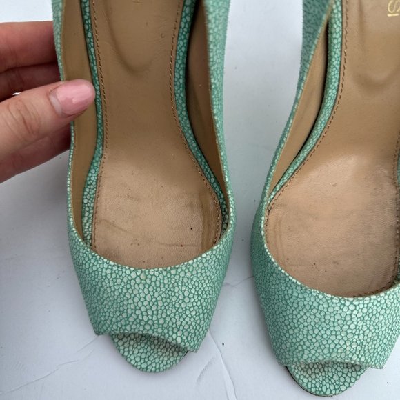 Sergio Rossi Peep Toe Pumps Crackled Leather Upper Sz 39 in Aquamarine Stiletto - Picture 3 of 11